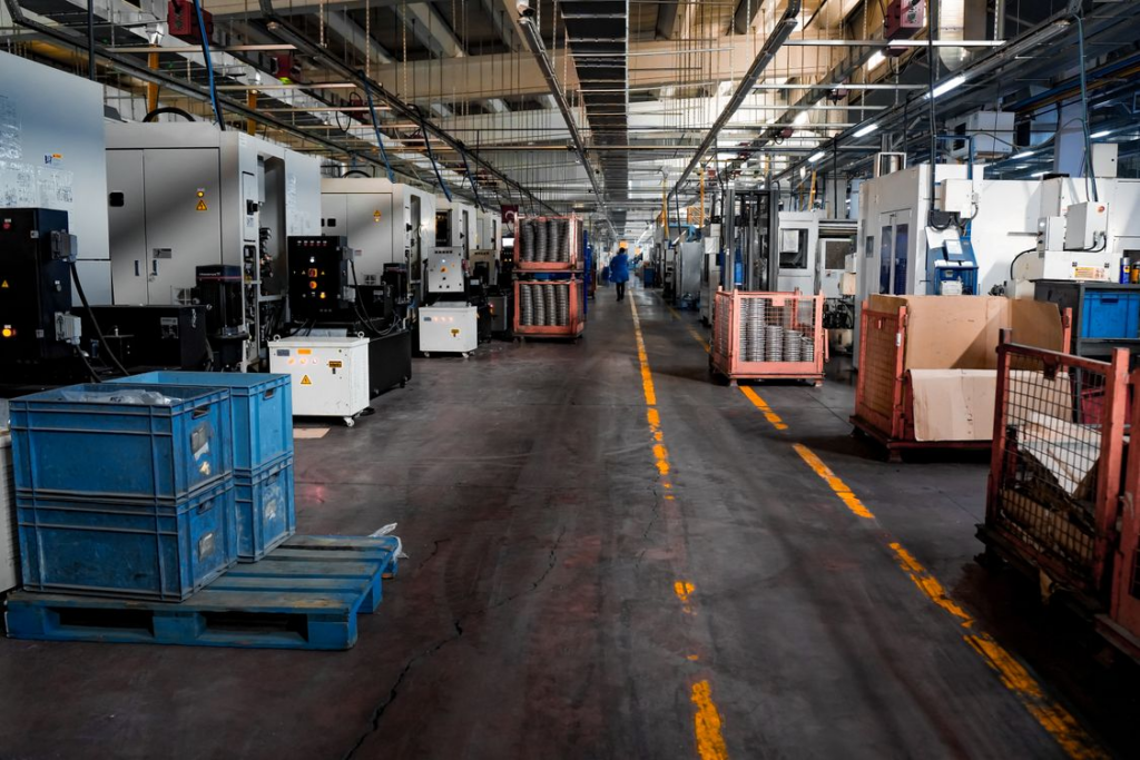 A factory with machinery and crates