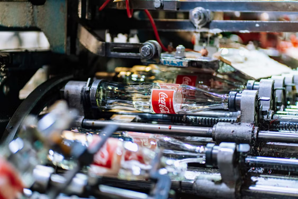 Glass bottles in a production line