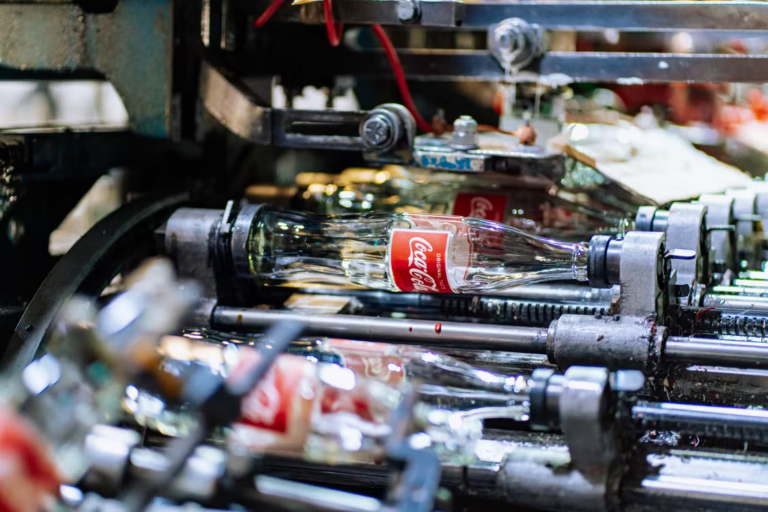 Glass bottles in a production line