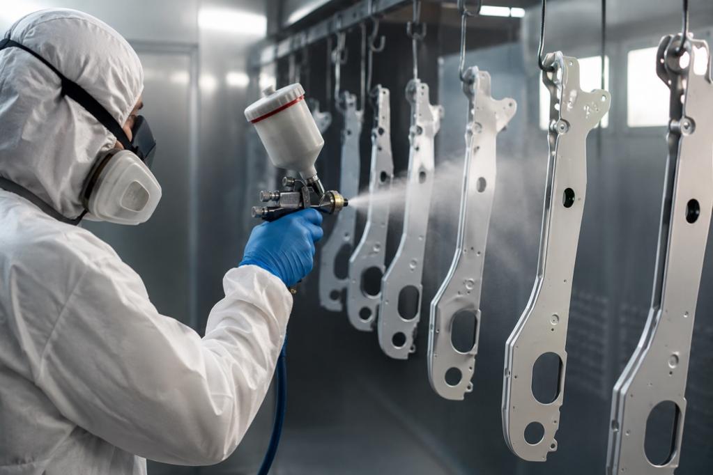 Worker applying waterborne polyurethane coating to metal parts in a controlled production setting.