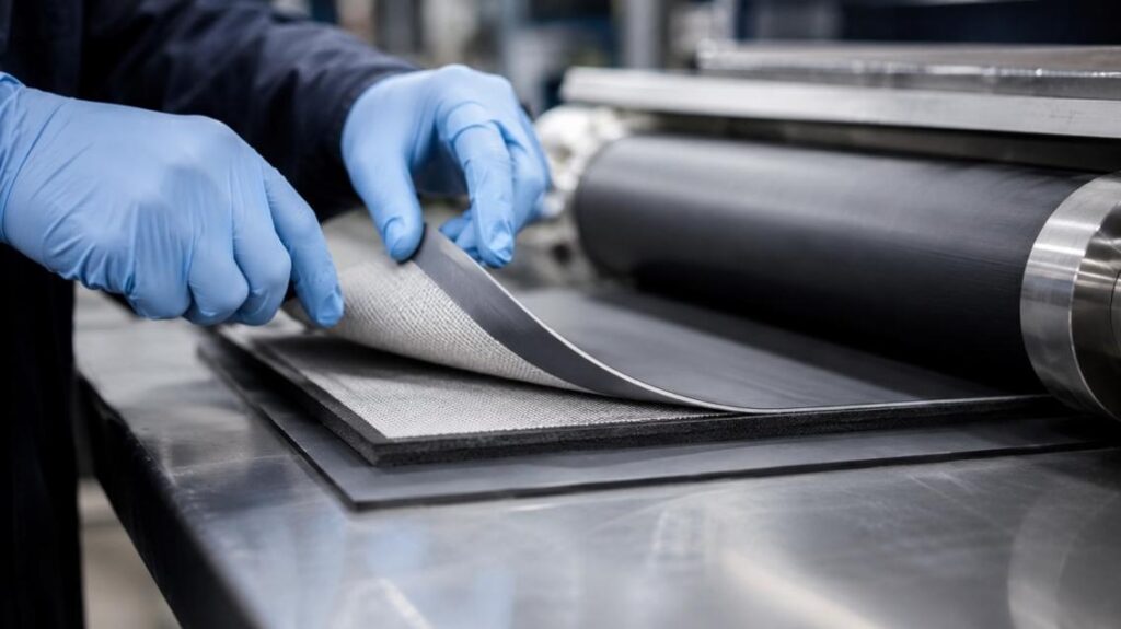 Layered materials being pressed and inspected during a WPU adhesives bonding process.